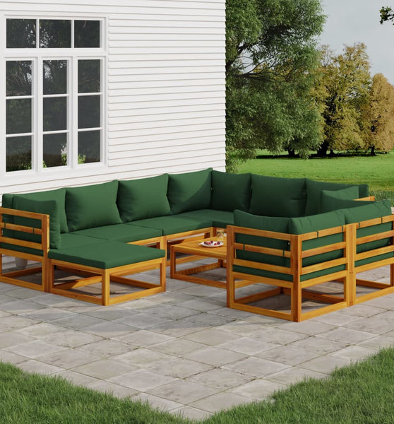 10-tlg. Garten-Lounge-Set mit Grünen Kissen Massivholz