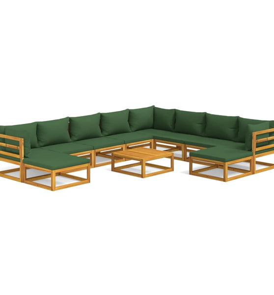 11-tlg. Garten-Lounge-Set mit Grünen Kissen Massivholz