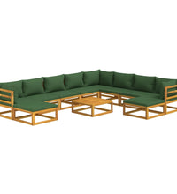 11-tlg. Garten-Lounge-Set mit Grünen Kissen Massivholz