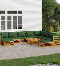 11-tlg. Garten-Lounge-Set mit Grünen Kissen Massivholz