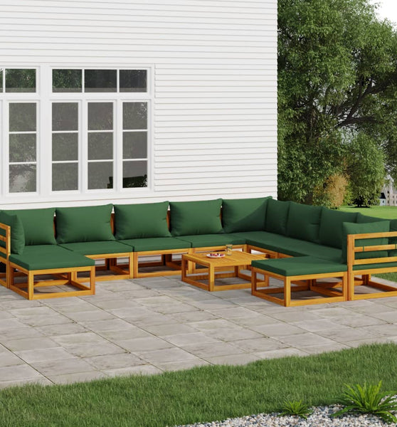 11-tlg. Garten-Lounge-Set mit Grünen Kissen Massivholz