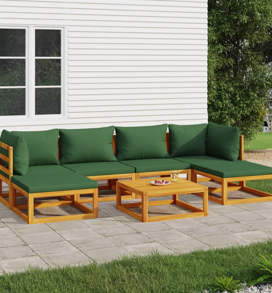 7-tlg. Garten-Lounge-Set mit Grünen Kissen Massivholz