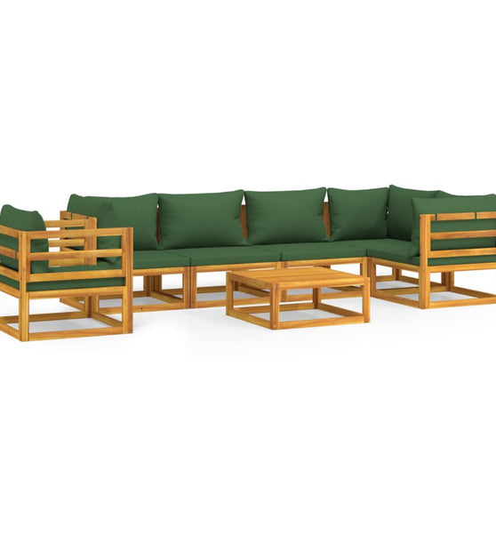 7-tlg. Garten-Lounge-Set mit Grünen Kissen Massivholz