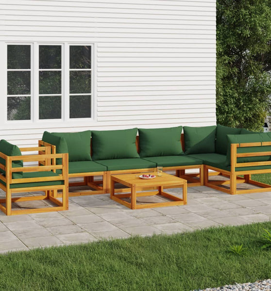 7-tlg. Garten-Lounge-Set mit Grünen Kissen Massivholz