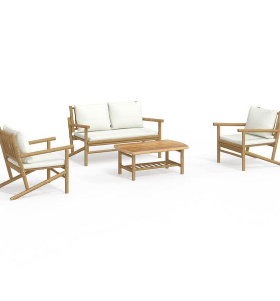 4-tlg. Garten-Lounge-Set mit Cremeweißen Kissen Bambus
