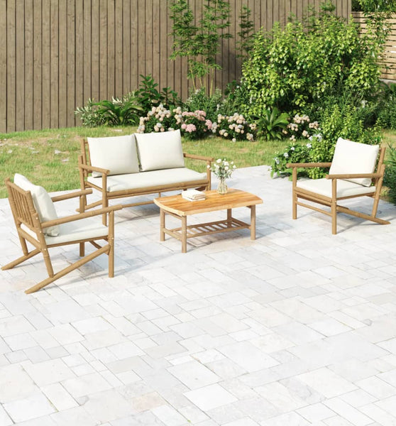 4-tlg. Garten-Lounge-Set mit Cremeweißen Kissen Bambus