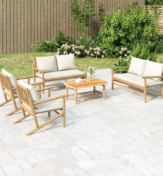 5-tlg. Garten-Lounge-Set mit Cremeweißen Kissen Bambus