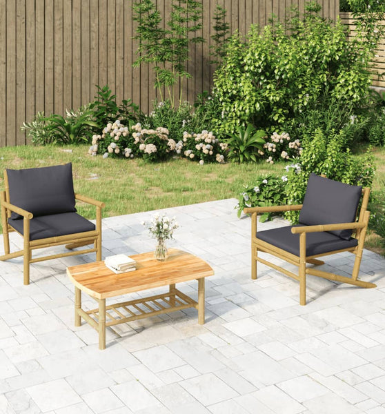 3-tlg. Garten-Lounge-Set mit Dunkelgrauen Kissen Bambus