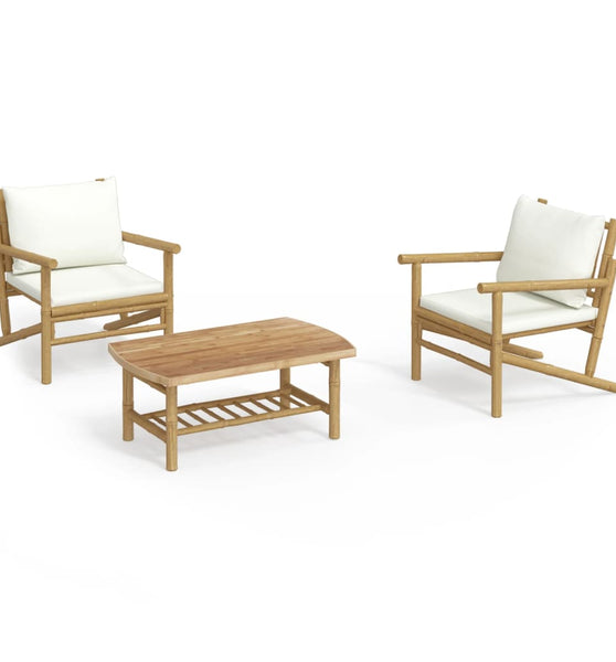 3-tlg. Garten-Lounge-Set mit Kissen Creme Bambus