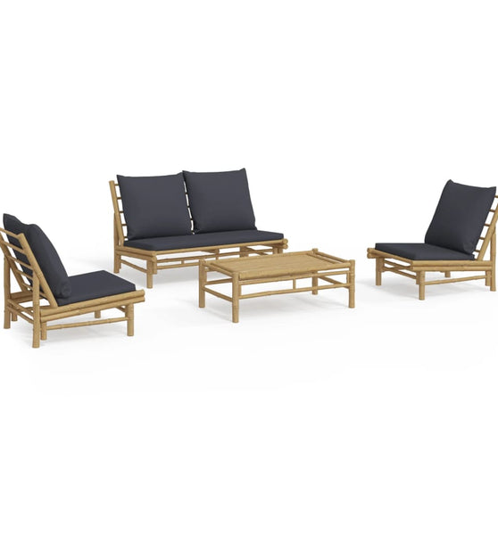4-tlg. Garten-Lounge-Set mit Dunkelgrauen Kissen Bambus