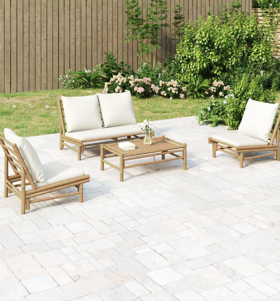 4-tlg. Garten-Lounge-Set mit Cremeweißen Kissen Bambus
