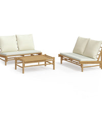 3-tlg. Garten-Lounge-Set mit Kissen Creme Bambus