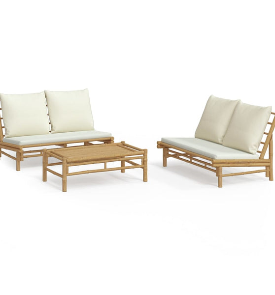 3-tlg. Garten-Lounge-Set mit Kissen Creme Bambus