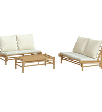 3-tlg. Garten-Lounge-Set mit Kissen Creme Bambus