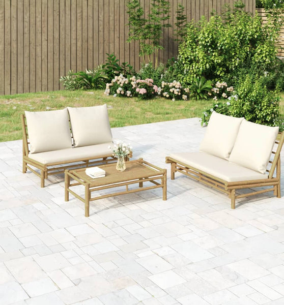 3-tlg. Garten-Lounge-Set mit Kissen Creme Bambus