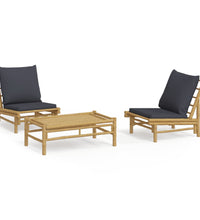3-tlg. Garten-Lounge-Set mit Dunkelgrauen Kissen Bambus
