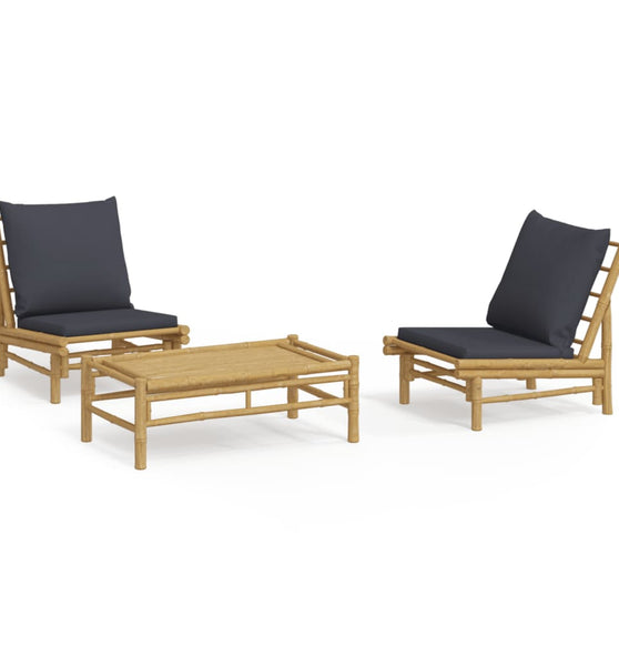 3-tlg. Garten-Lounge-Set mit Dunkelgrauen Kissen Bambus