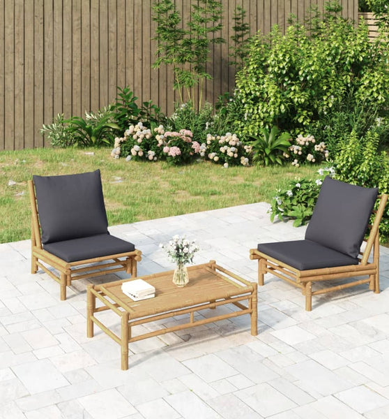 3-tlg. Garten-Lounge-Set mit Dunkelgrauen Kissen Bambus