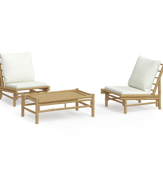 3-tlg. Garten-Lounge-Set mit Kissen Creme Bambus