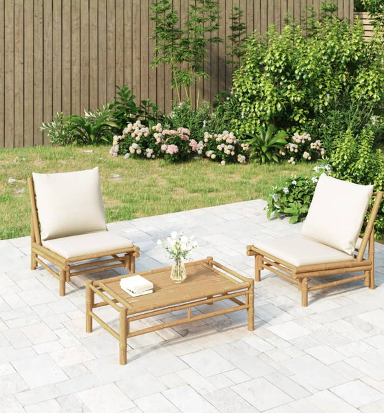 3-tlg. Garten-Lounge-Set mit Kissen Creme Bambus