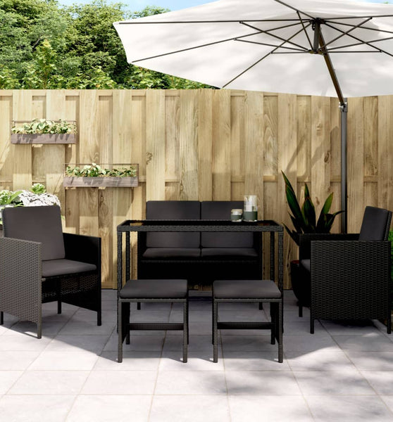 6-tlg. Garten-Essgruppe mit Kissen Schwarz Poly Rattan