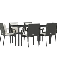 7-tlg. Garten-Essgruppe mit Kissen Schwarz Poly Rattan