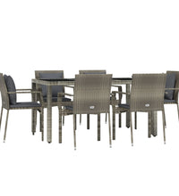 7-tlg. Garten-Essgruppe mit Kissen Grau Poly Rattan