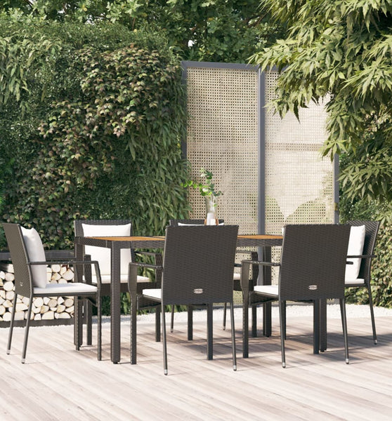 7-tlg. Garten-Essgruppe mit Kissen Schwarz Poly Rattan