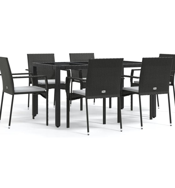 7-tlg. Garten-Essgruppe mit Kissen Schwarz Poly Rattan