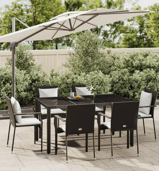 7-tlg. Garten-Essgruppe mit Kissen Schwarz Poly Rattan