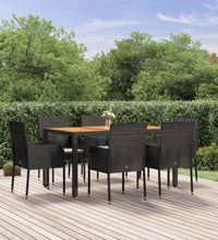7-tlg. Garten-Essgruppe mit Kissen Schwarz Poly Rattan
