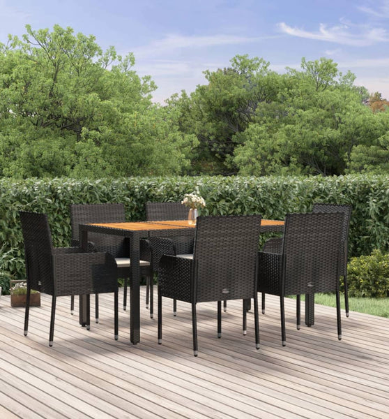 7-tlg. Garten-Essgruppe mit Kissen Schwarz Poly Rattan