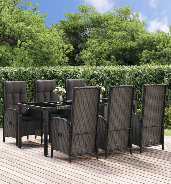 7-tlg. Garten-Essgruppe mit Kissen Schwarz und Grau Poly Rattan