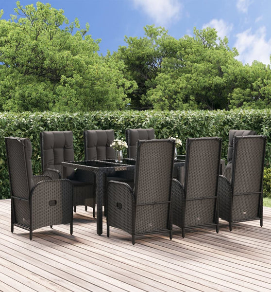 9-tlg. Garten-Essgruppe mit Kissen Schwarz und Grau Poly Rattan