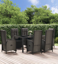 7-tlg. Garten-Essgruppe mit Kissen Schwarz und Grau Poly Rattan