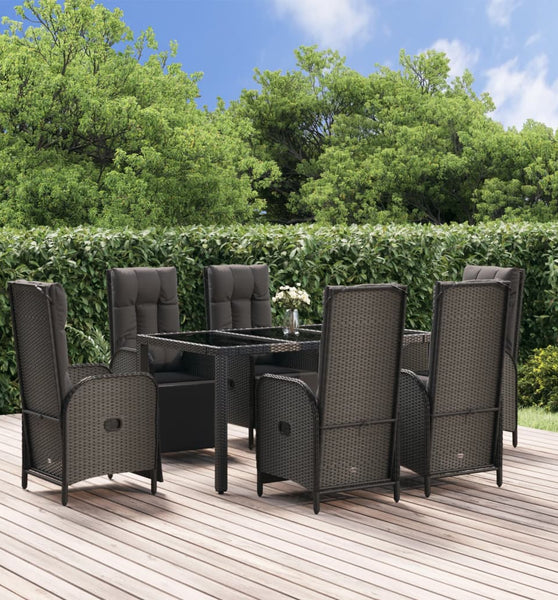 7-tlg. Garten-Essgruppe mit Kissen Schwarz und Grau Poly Rattan