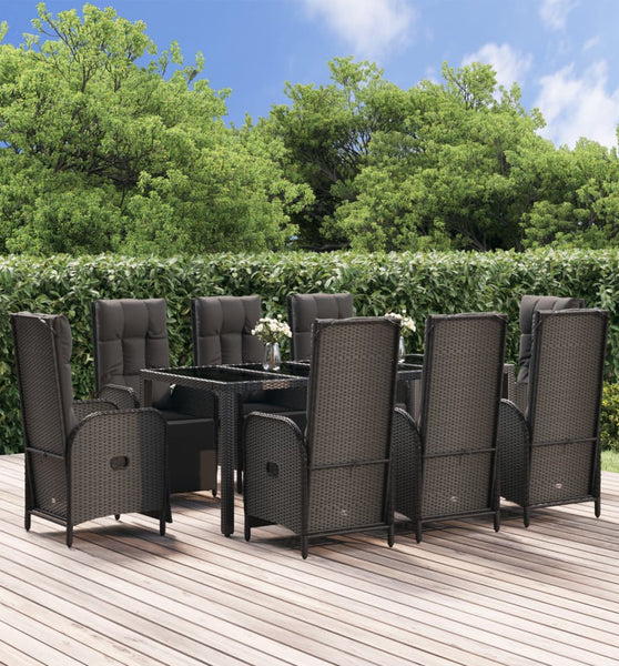9-tlg. Garten-Essgruppe mit Kissen Schwarz Poly Rattan