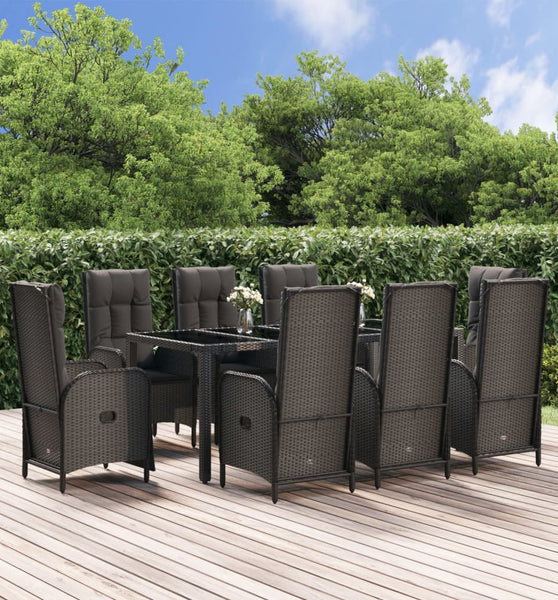 9-tlg. Garten-Essgruppe mit Kissen Schwarz Poly Rattan
