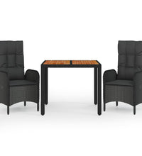 3-tlg. Garten-Essgruppe mit Kissen Schwarz Poly Rattan