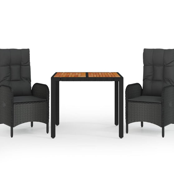 3-tlg. Garten-Essgruppe mit Kissen Schwarz Poly Rattan