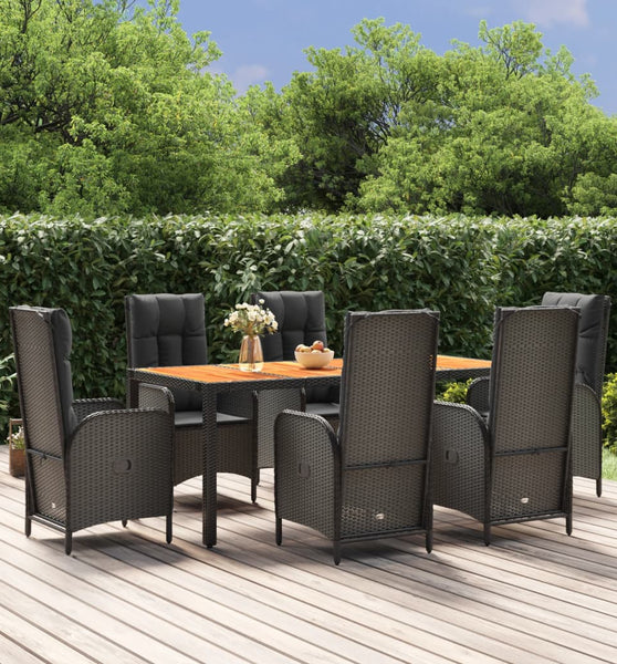 7-tlg. Garten-Essgruppe mit Kissen Schwarz Poly Rattan
