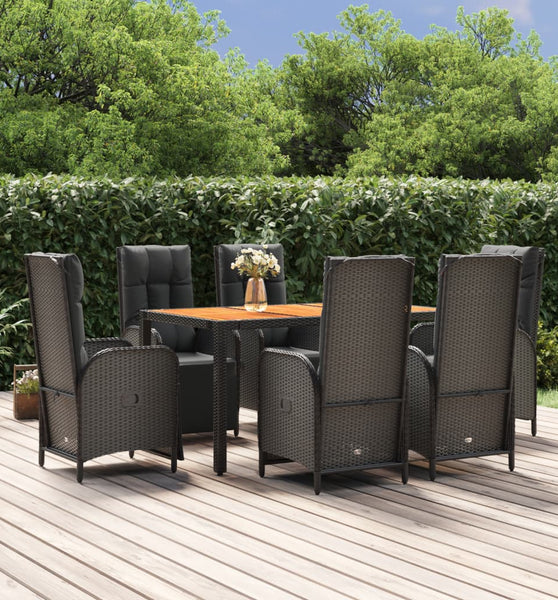 7-tlg. Garten-Essgruppe mit Kissen Schwarz Poly Rattan