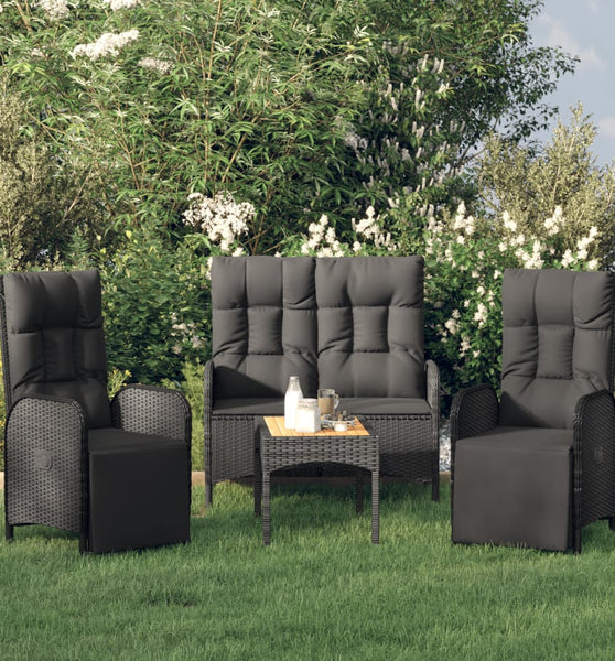 4-tlg. Garten-Essgruppe mit Kissen Schwarz Poly Rattan