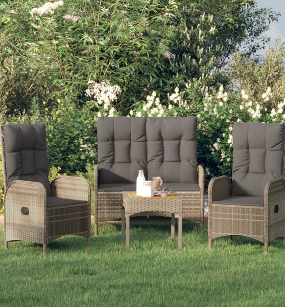 3-tlg. Garten-Essgruppe mit Kissen Grau Poly Rattan