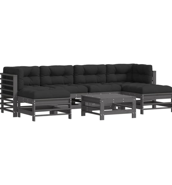 7-tlg. Garten-Lounge-Set mit Kissen Grau Massivholz
