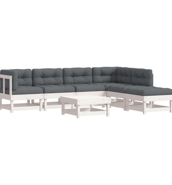 7-tlg. Garten-Lounge-Set mit Kissen Weiß Massivholz