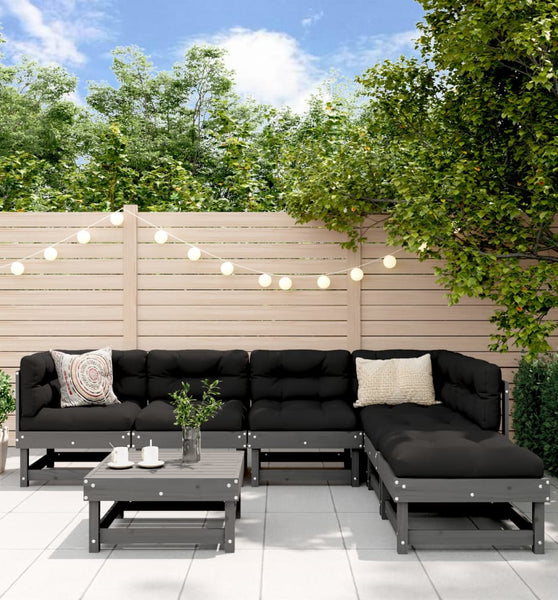 7-tlg. Garten-Lounge-Set mit Kissen Grau Massivholz