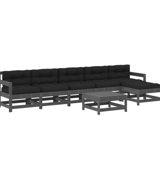 7-tlg. Garten-Lounge-Set mit Kissen Grau Massivholz