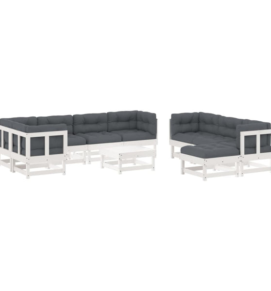 10-tlg. Garten-Lounge-Set mit Kissen Weiß Massivholz