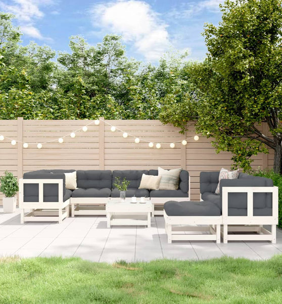 10-tlg. Garten-Lounge-Set mit Kissen Weiß Massivholz
